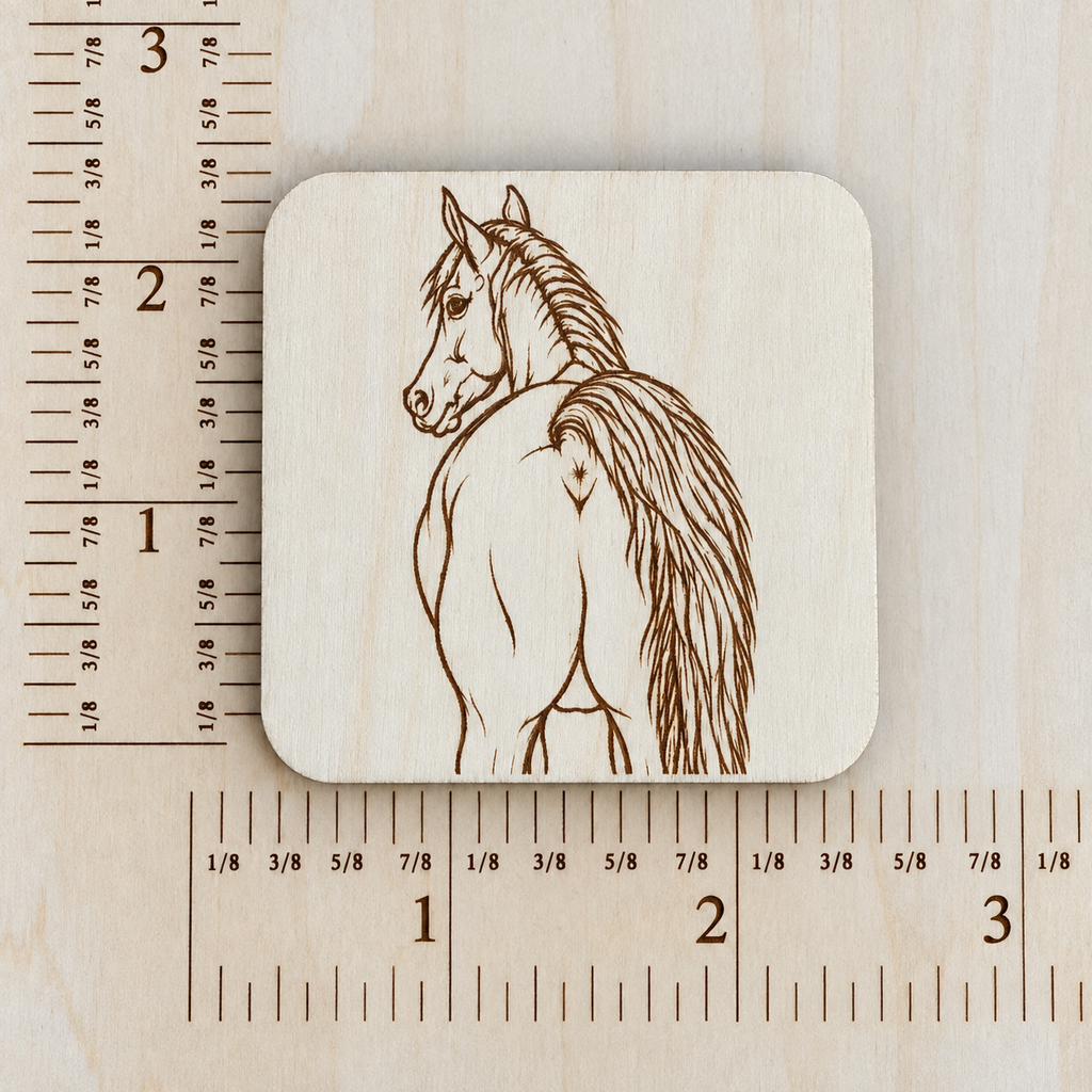 Laser Engraved Booty Wooden Magnet Basswood Design Horse Anatomy Art Natural Light Wood Finish Equestrian Gift Barn Accessory Stable Decoration Refrigerator Display Funny Horse Present Kitchen Decor Novelty Gag Item Conversation Piece Rounded