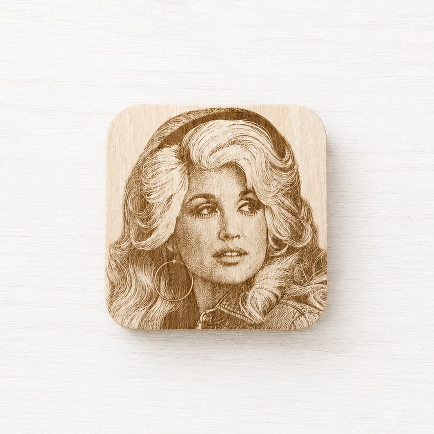 Dolly Parton Magnet Wooden Engraved Portrait Perfect Country Music Fan Gift Kitchen Refrigerator Display Vintage Style Celebrity Collectible Laser Etched Basswood Square Design Rounded Corners Home Office Locker Decoration Nashville