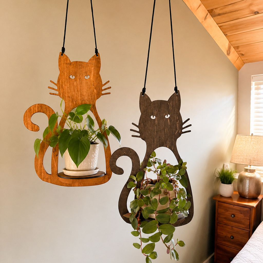 Cat Lover Gift Idea Hanging Wall Planter Indoor Plant Display Wooden Feline Shaped Holder Home Accent Piece Succulent Garden Mount Vertical Display Solution Natural Basswood Construction Kitty Silhouette Design Perfect Housewarming Present