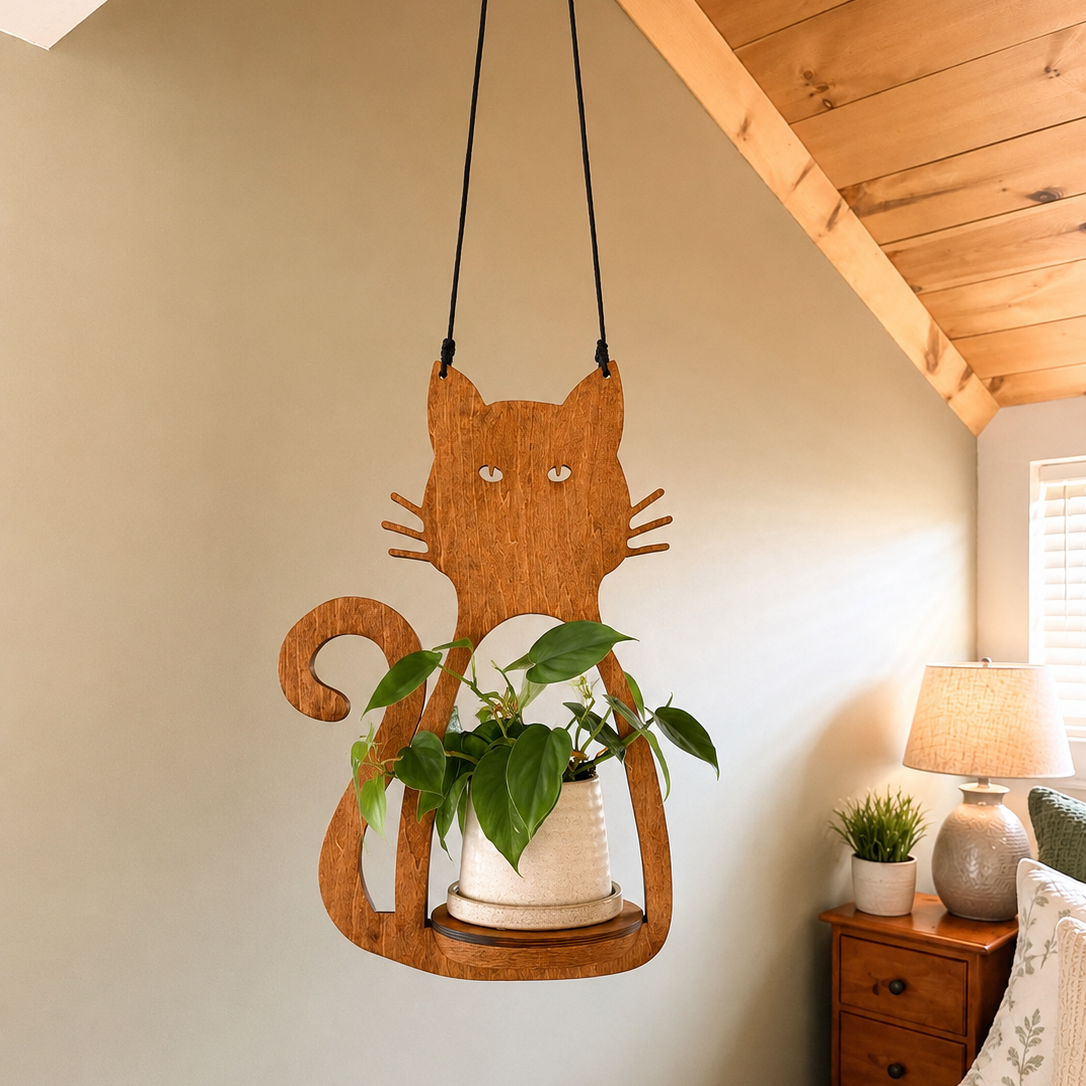 Cat Lover Gift Idea Hanging Wall Planter Indoor Plant Display Wooden Feline Shaped Holder Home Accent Piece Succulent Garden Mount Vertical Display Solution Natural Basswood Construction Kitty Silhouette Design Perfect Housewarming Present