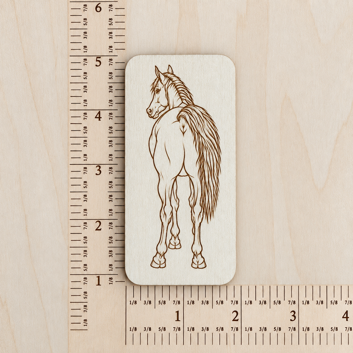 Novelty Horse Pony Ass Fart Gift Gag Item Conversation Piece Laser Engraved Wooden Magnet Basswood Design Barn Accessory Stable Decoration Equestrian Enthusiast Present Natural Light Wood Finish Horse Rear View Anatomy Line Art Refrigerator Display