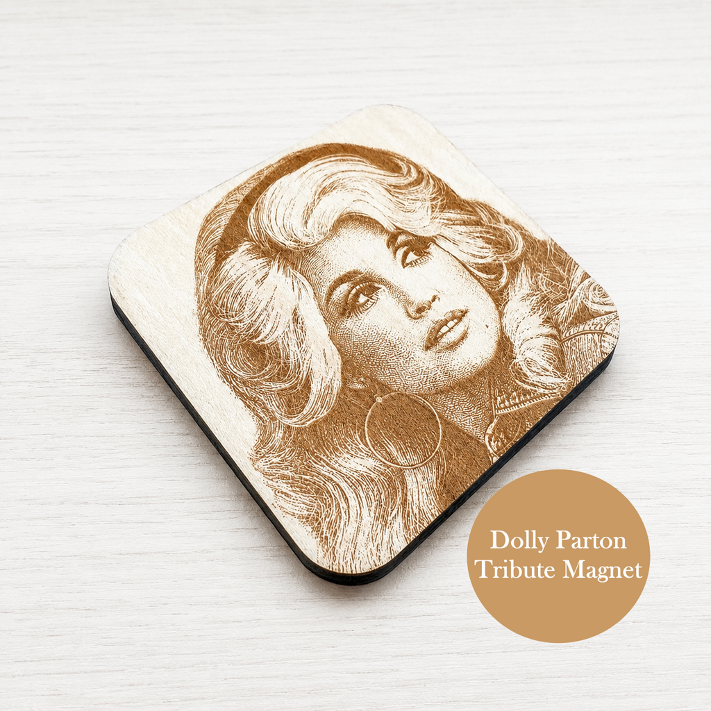 Dolly Parton Magnet Wooden Engraved Portrait Perfect Country Music Fan Gift Kitchen Refrigerator Display Vintage Style Celebrity Collectible Laser Etched Basswood Square Design Rounded Corners Home Office Locker Decoration Nashville