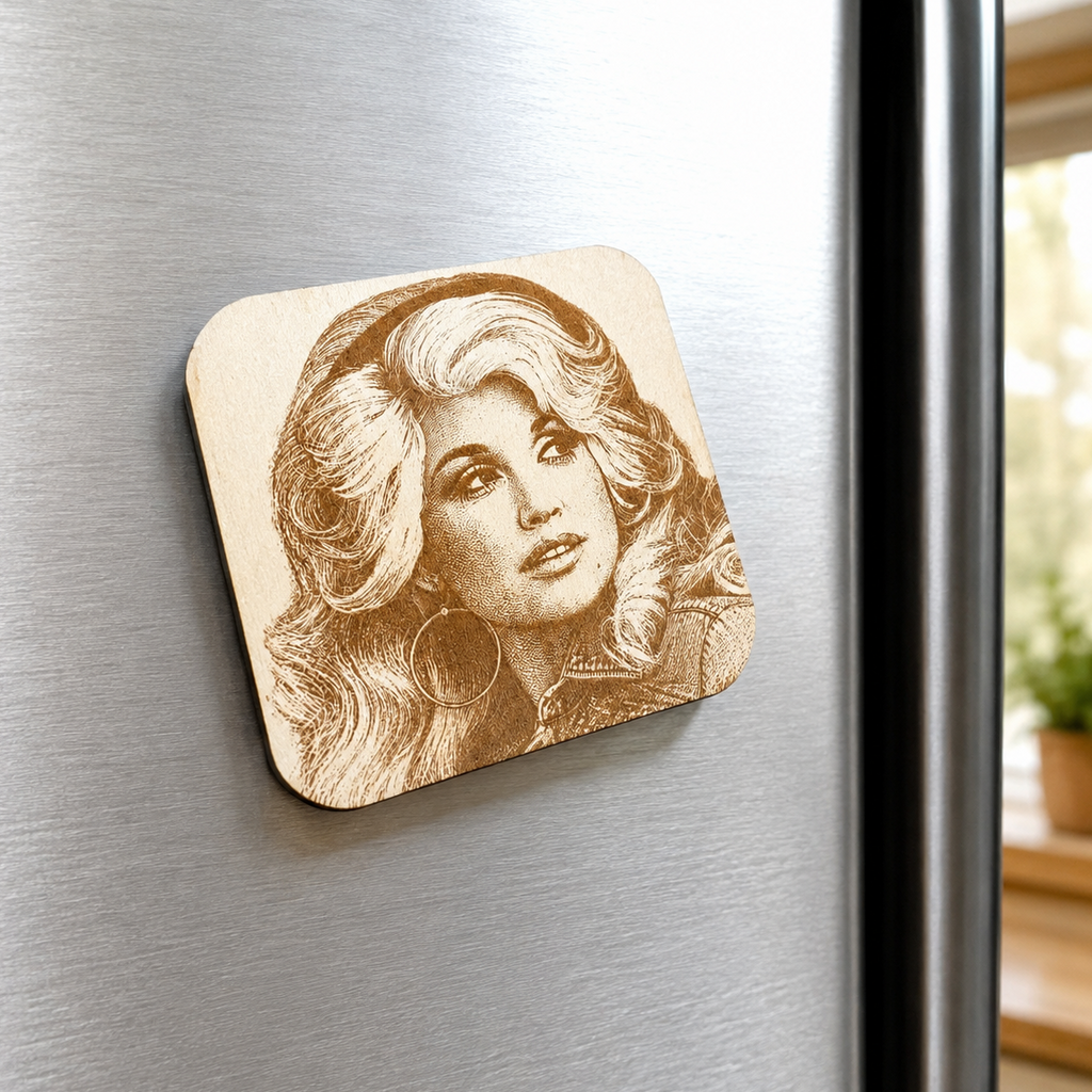 Wooden Magnet Kitchen Gift Laser Engraved Dolly Parton Portrait Country Music Celebrity Collectible Vintage Style Basswood Square Design Refrigerator Display Home Office Locker Decoration Nashville Souvenir Fan Memorabilia Singer Icon
