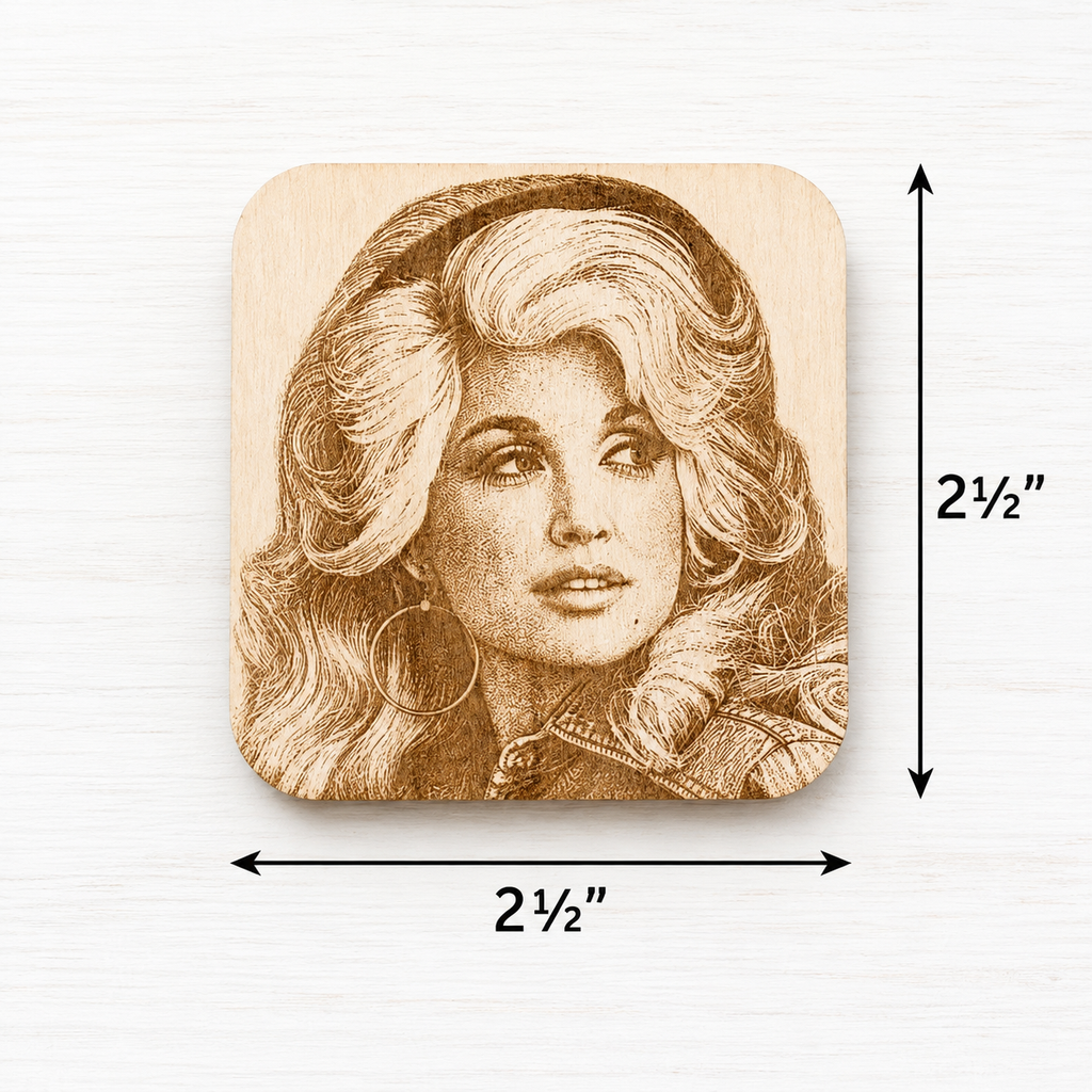Country Music Fan Collectible Dolly Parton Wooden Magnet Celebrity Memorabilia Gift Kitchen Refrigerator Display Laser Engraved Portrait Vintage Style Design Basswood Square Format Rounded Corners Home Office Decoration Nashville Souvenir
