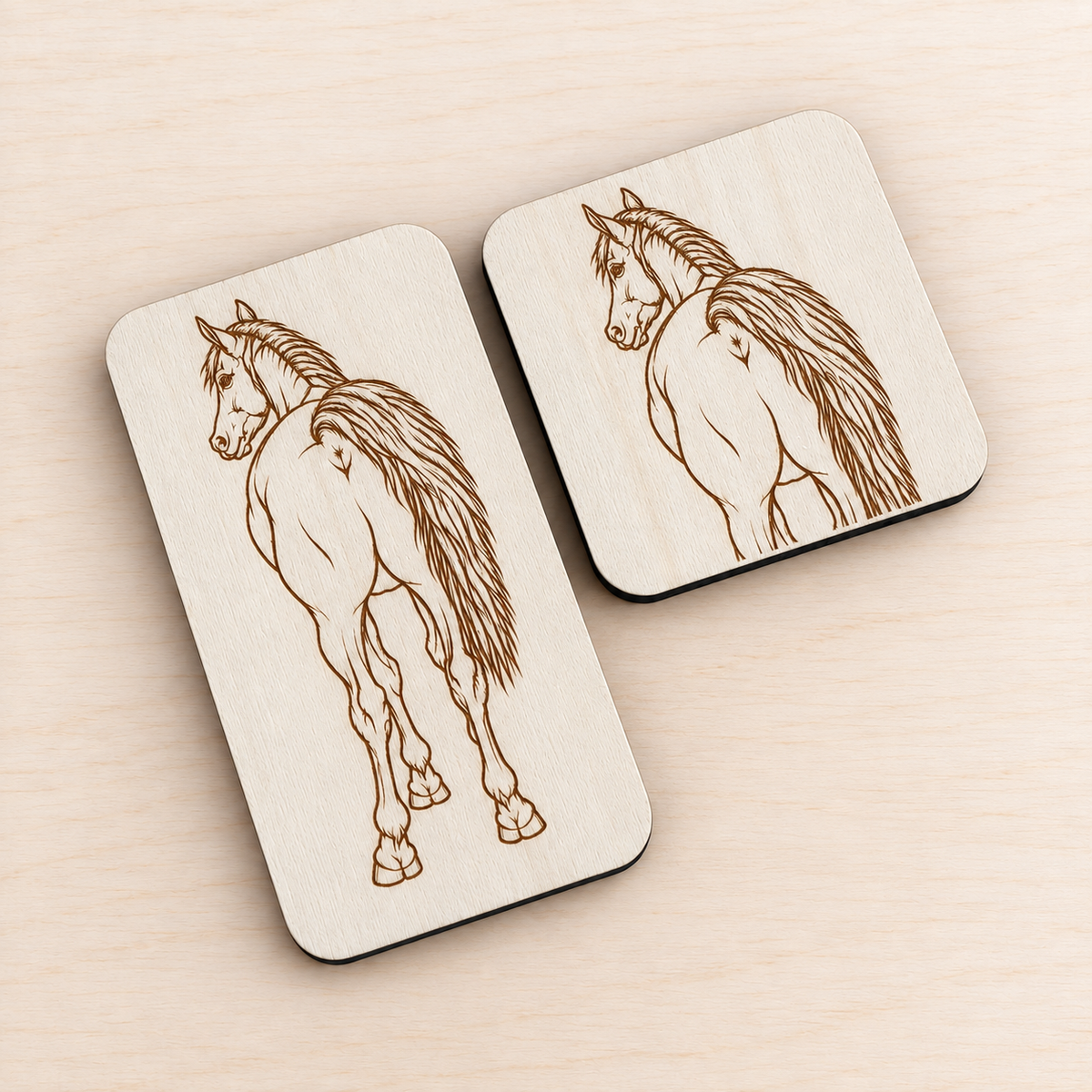 Barn Decor Poop Chute Wooden Magnet Laser Engraved Basswood Art Horse Rear View Anatomy Design Natural Light Wood Finish Rustic Style Equestrian Gift Stable Accessory Refrigerator Display Funny Horse Present Kitchen Decoration Novelty Item Gag Gift