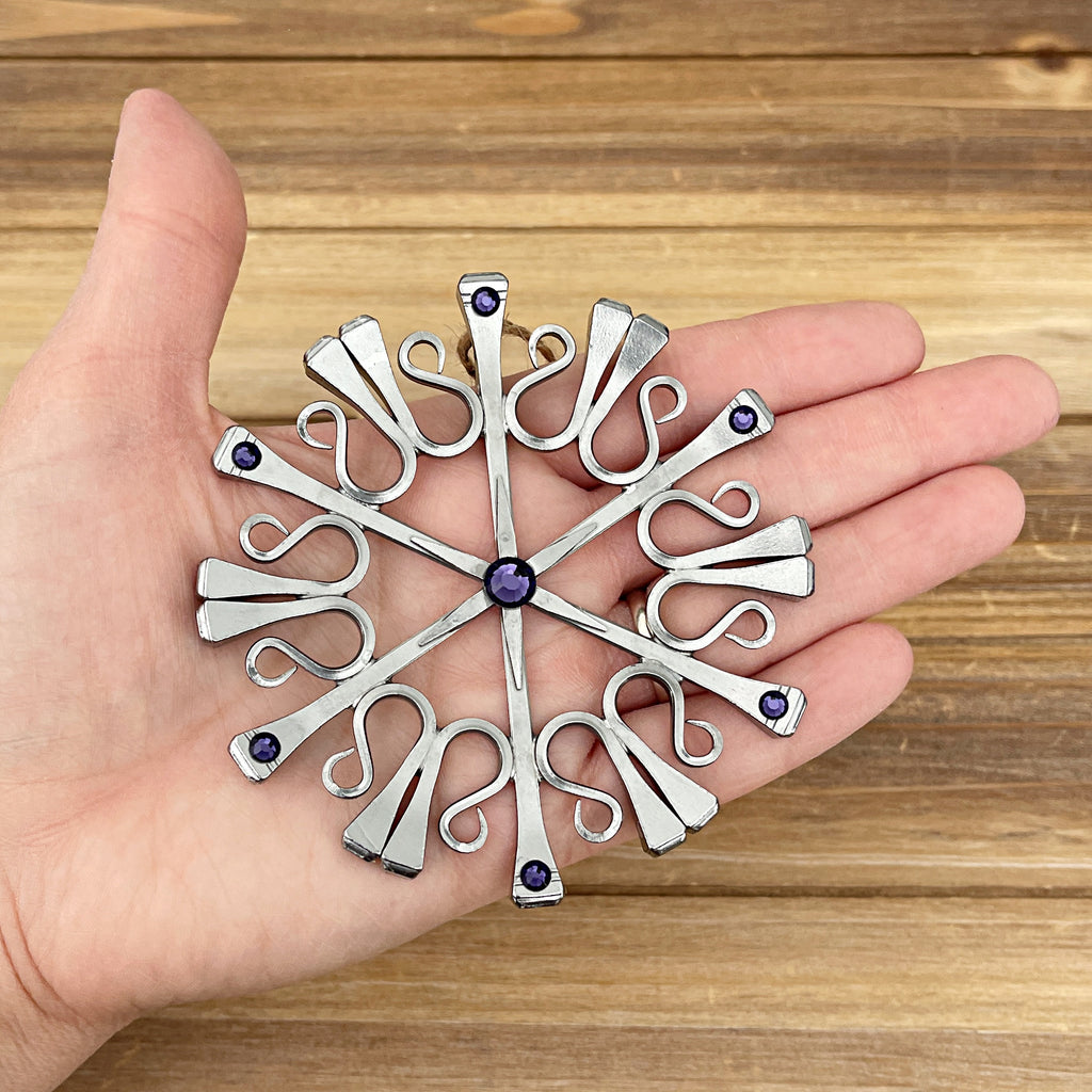 Design B with Purple Velvet Crystals Horseshoe Nail Snowflake Ornament 