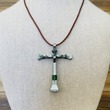 Horse Shoe Nail Crucifix with green wire wrapping