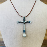 Horseshoe Nail Cross with blue wire wrapping
